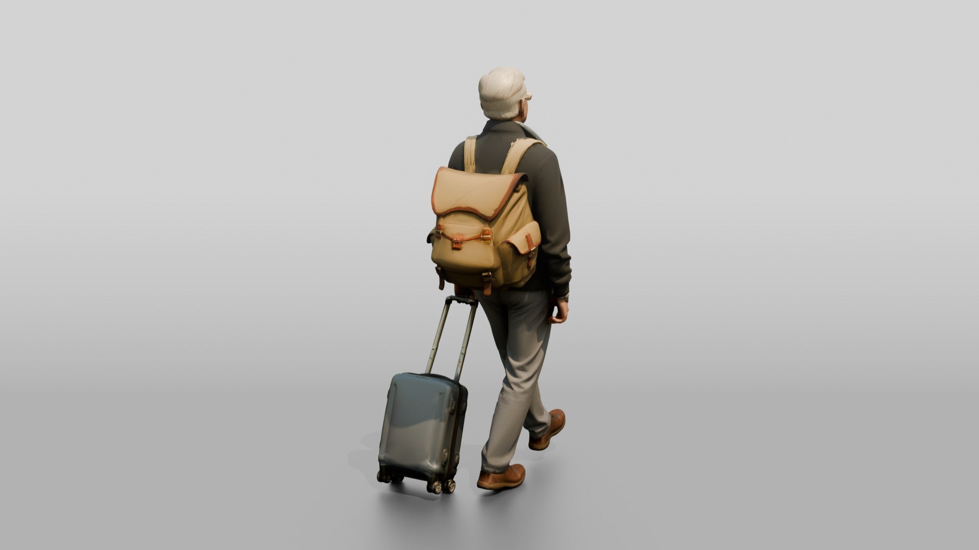 Elderly Man with Glasses Walking with Backpack and Carry-On