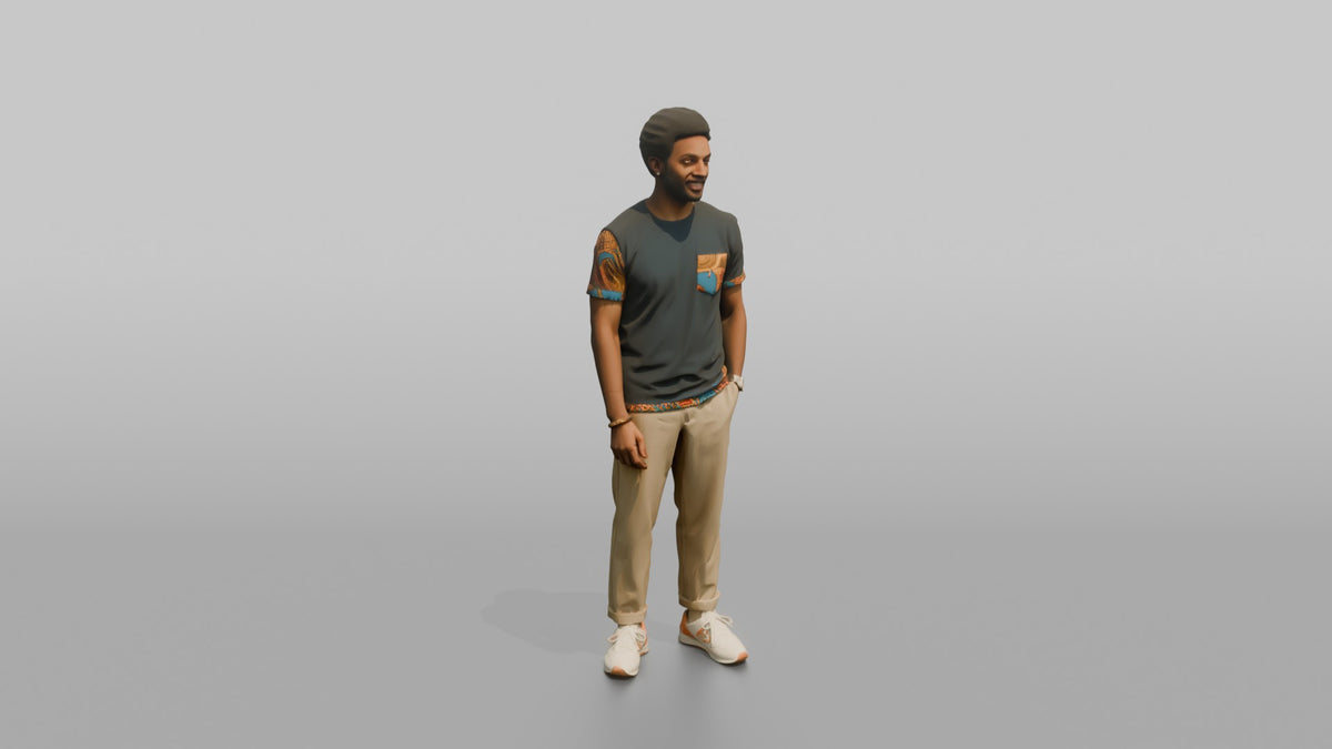 African Man in Ankara Print T-Shirt and Khakis - 3D character model, view 1