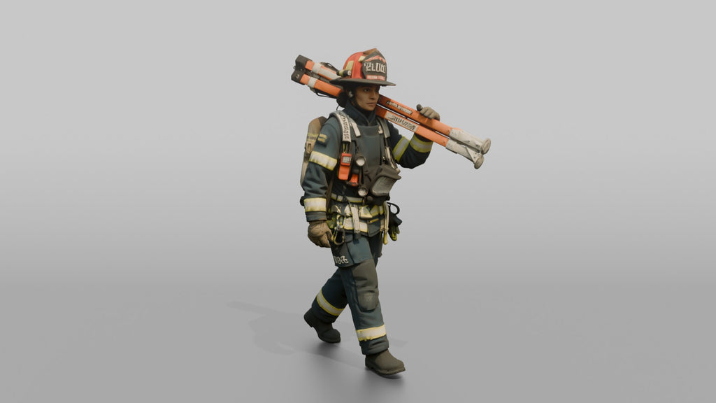 Firefighter Woman Carrying a Rescue Tripod Frame