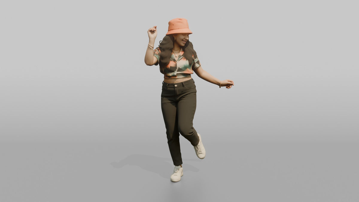 Patron Woman Wearing A Bucket Hat In A Bright Color, Dancing Casually - 3D character model