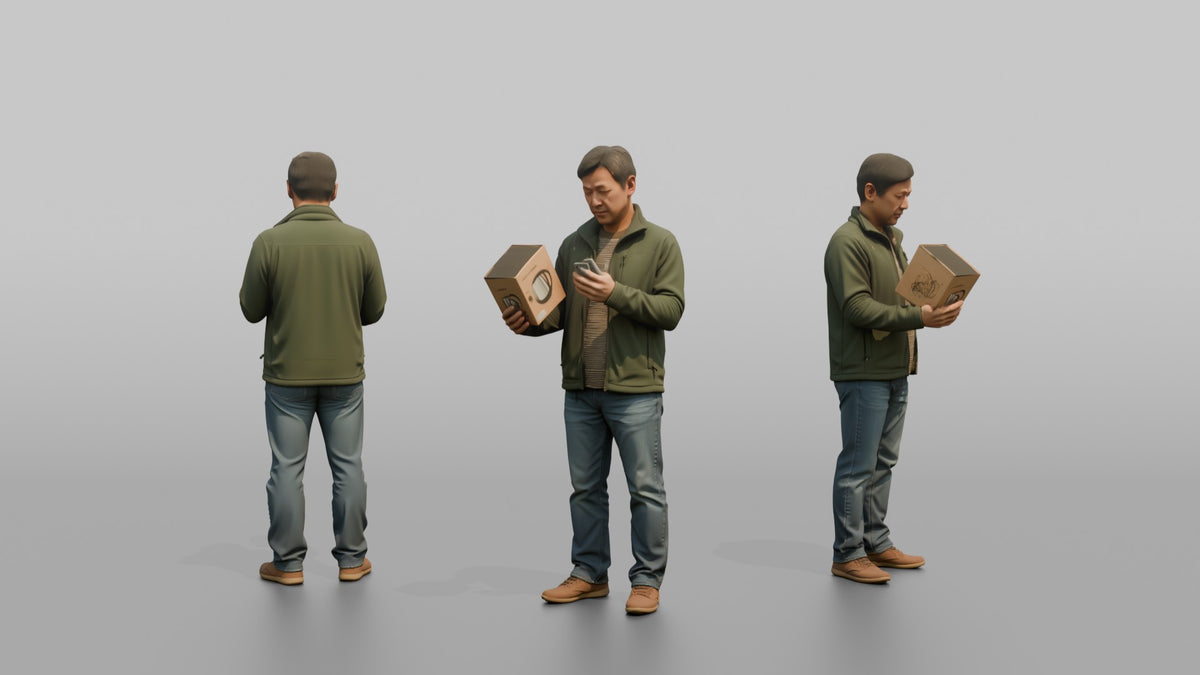 Man Customer Comparing Prices On His Phone While Holding A Product - 3D character model, view 1