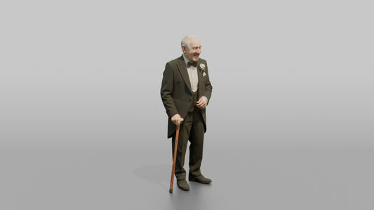 Elderly Groom in a Black Tailcoat with a Walking Cane - 3D character model, view 1