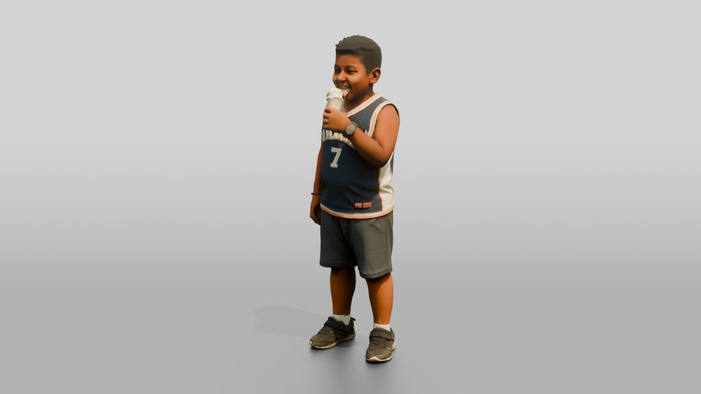 Stocky Young Jordanian Boy Eating an Ice Cream Cone