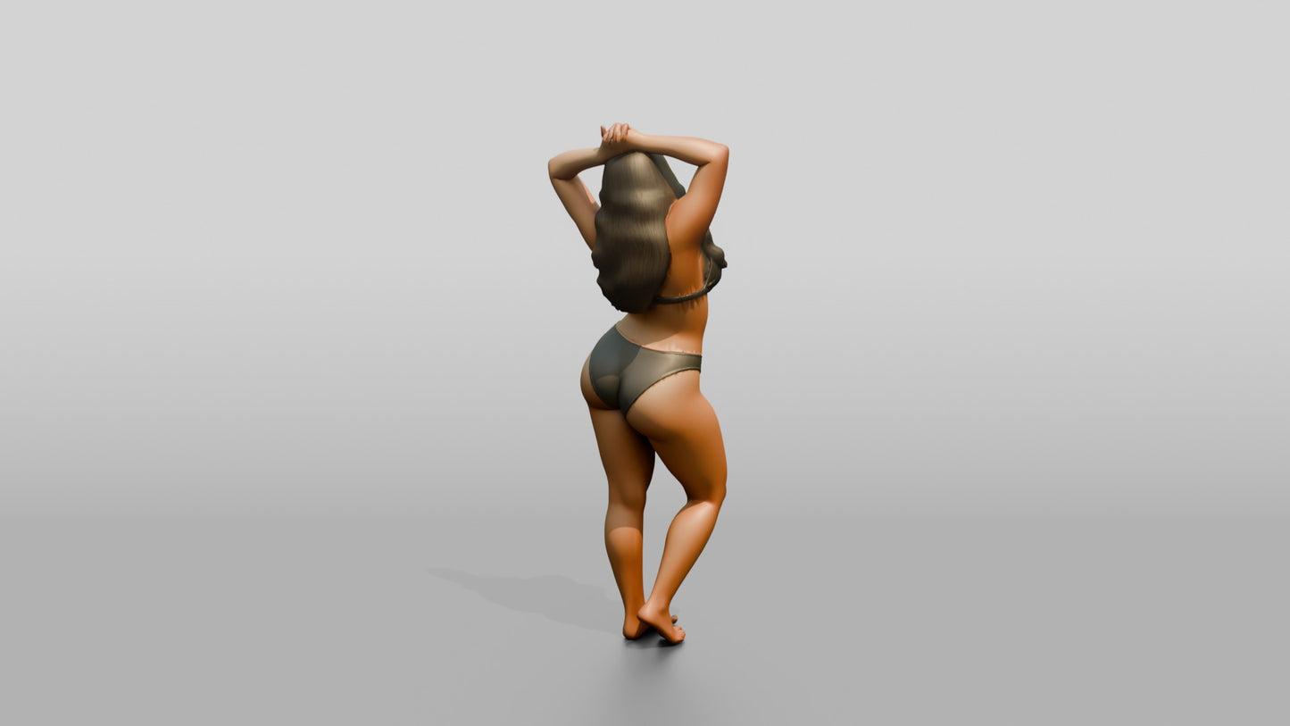 Curvy Woman in Olive Two-Piece Swimsuit Adjusting Her Hair