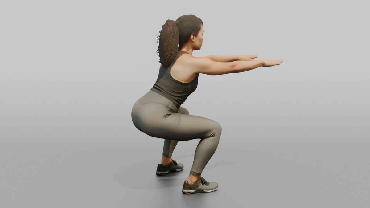 Bodyweight Athlete Woman Doing A Bodyweight Squat, Arms Extended Forward - 3D character model, view 3
