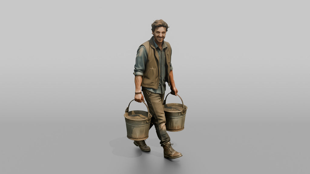 Farmer Carrying Pair Of Heavy Iron Bucket Pails