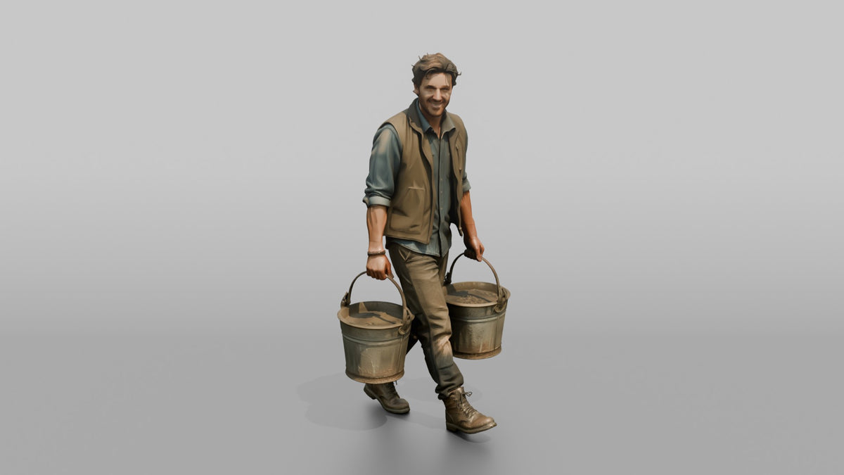 Farmer Carrying Pair Of Heavy Iron Bucket Pails - 3D character model, view 5
