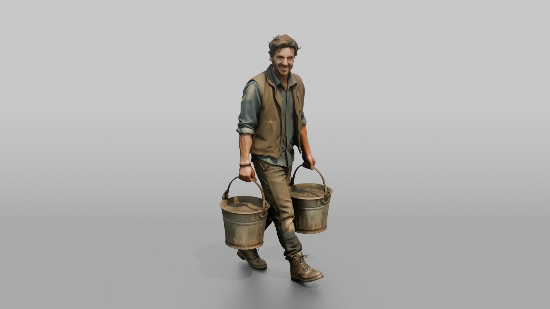 Farmer Carrying Pair Of Heavy Iron Bucket Pails