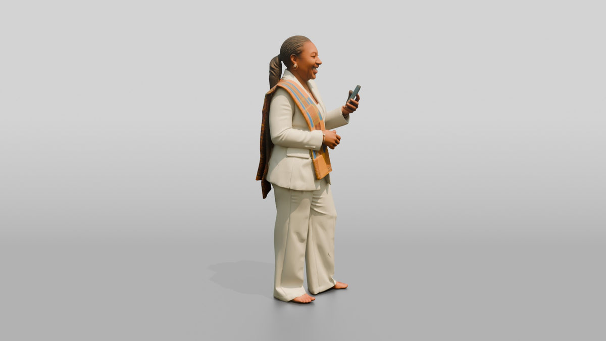 African Woman in a White Pantsuit Laughing at Her Phone - 3D character model, view 2