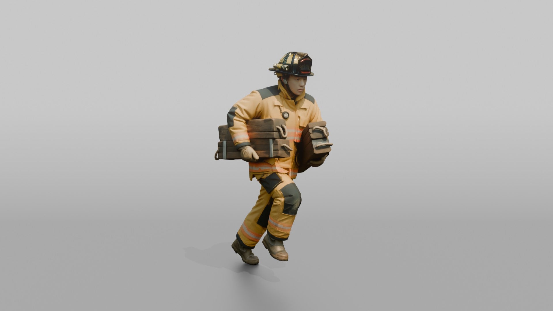 Firefighter Man Sprinting Forward While Carrying Heavy Wooden Stabilization Chocks