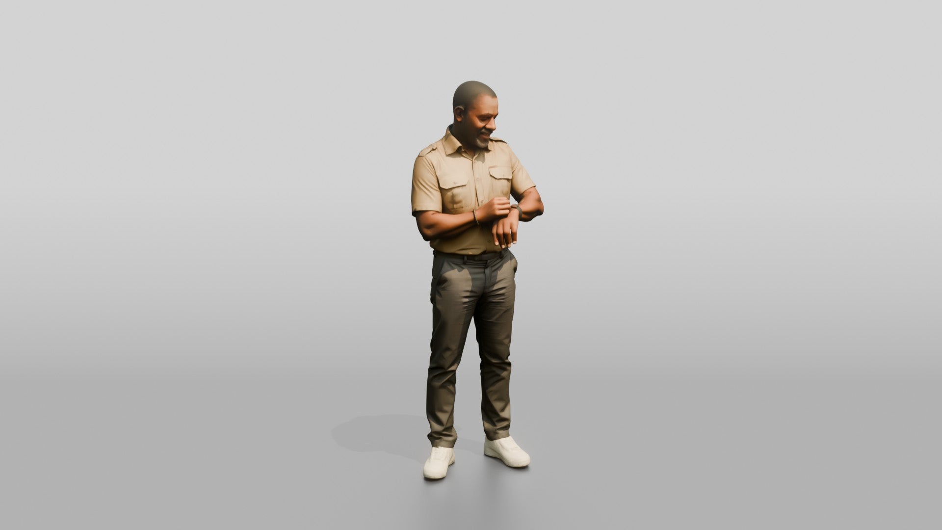 African Man in a Safari Shirt Adjusting His Smartwatch
