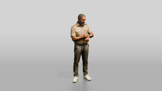 African Man in a Safari Shirt Adjusting His Smartwatch - 3D character model, view 1