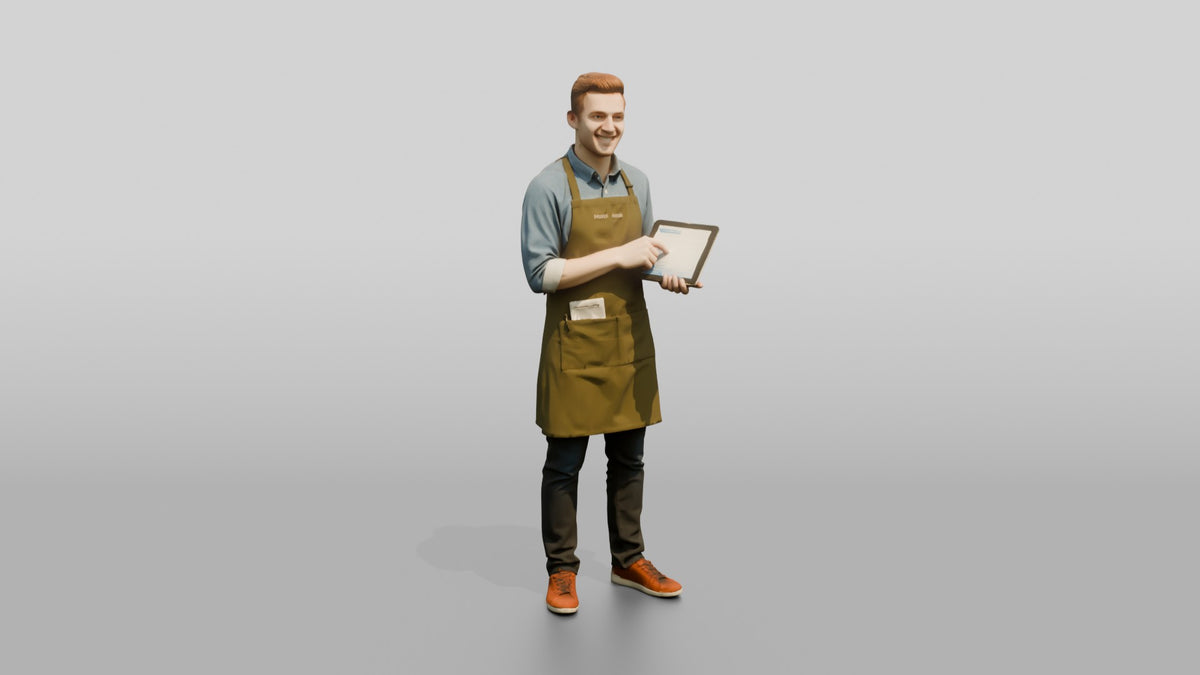 Young Man Barista Checking Tablet Orders - 3D character model, view 1