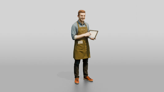 Young Man Barista Checking Tablet Orders - 3D character model, view 1