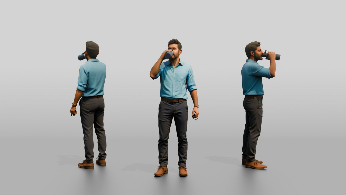 Man Sipping Coffee in a Blue Shirt