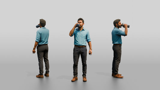 Man Sipping Coffee in a Blue Shirt