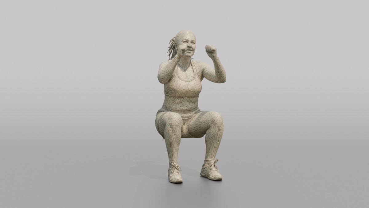 Bodyweight Athlete Woman Mid-air During A Jump Squat - wireframe topology preview