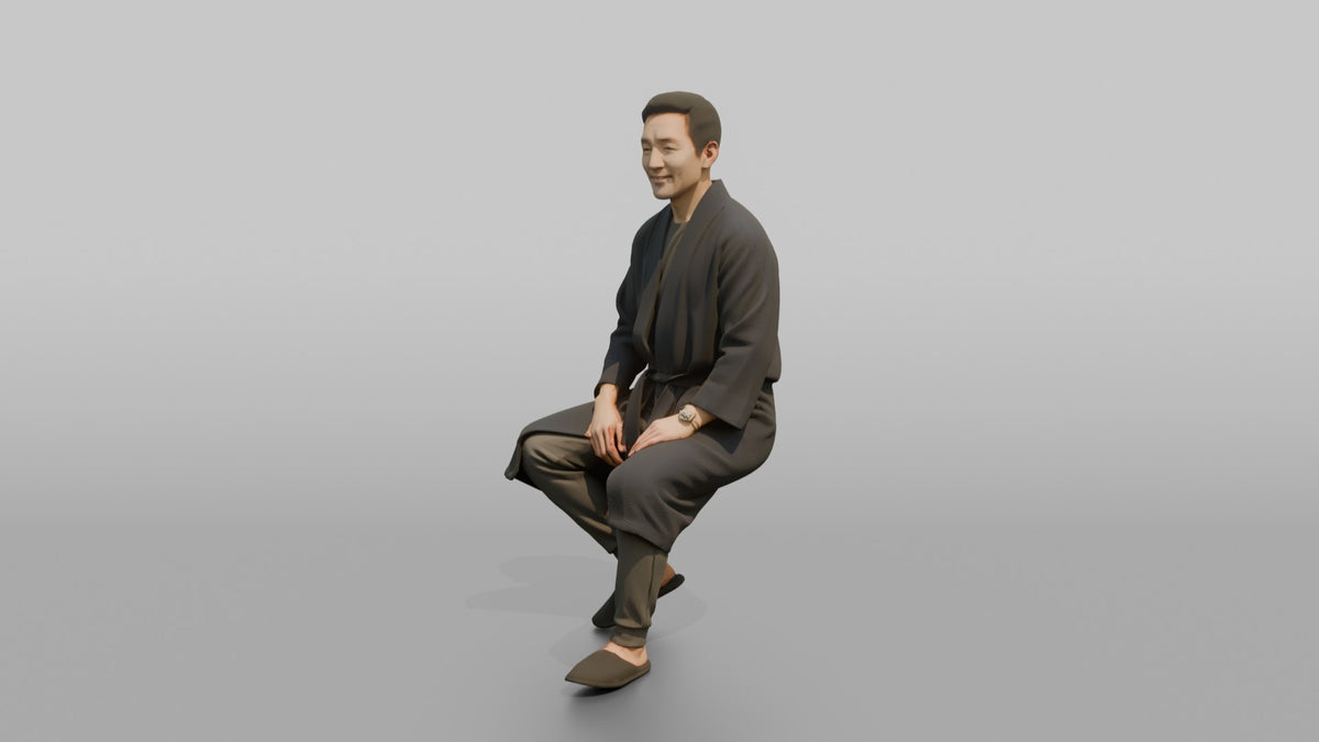 Spa Client Woman Sitting On A Stool Getting Ready, Robe Half-tied - 3D character model, view 4