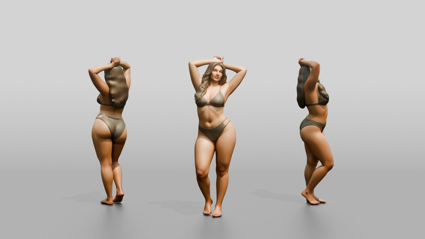 Curvy Woman in Olive Two-Piece Swimsuit Adjusting Her Hair