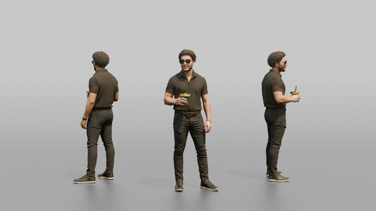 Patron Man Standing With Sunglasses On, Holding A Cocktail - 3D character model, view 1