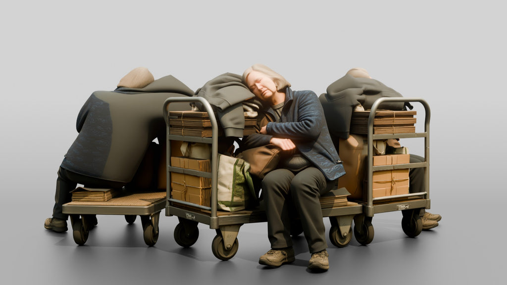 Homeless Woman Sleeping Resting Against a Stacked Cart