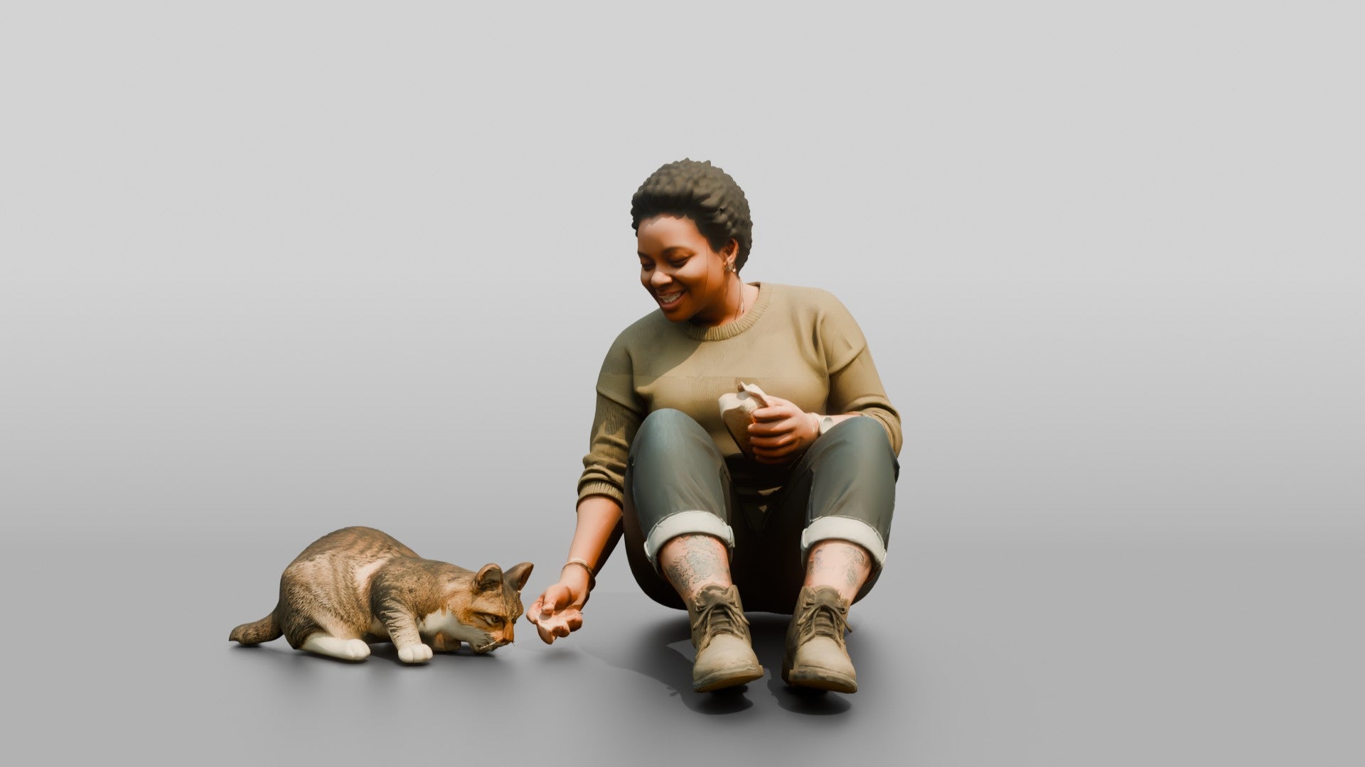 Homeless Woman Sharing Bread with a Stray Cat