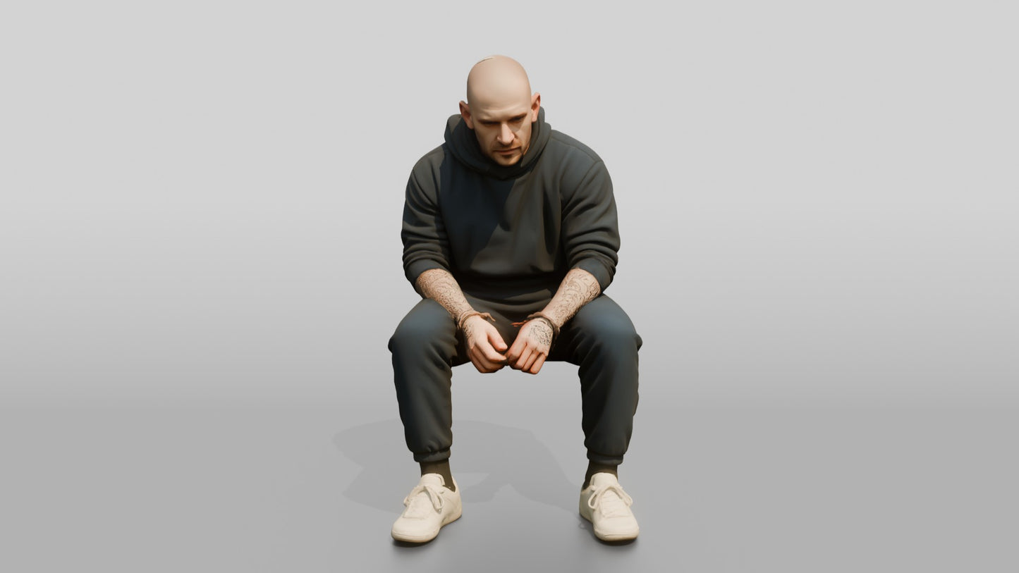 Caucasian Male Prisoner in a Navy Blue Hoodie and Joggers