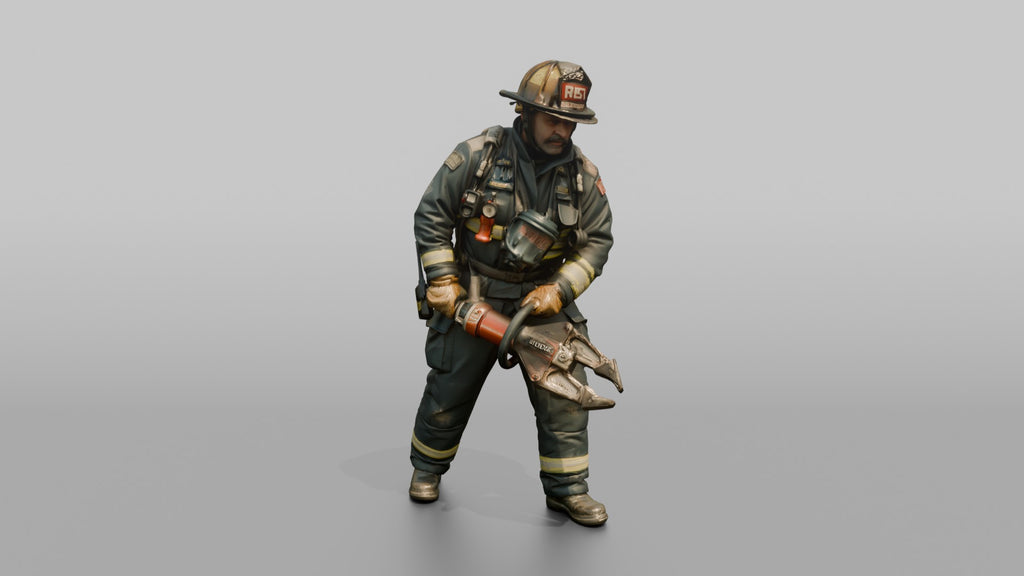 Firefighter Man Leaning Forward While Carrying Rescue Cutters
