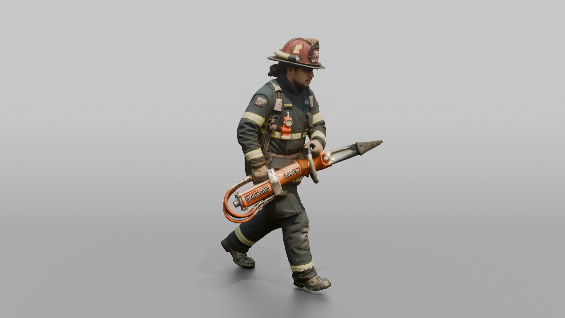 Firefighter Man Carrying a Heavy Rescue Ram Tool