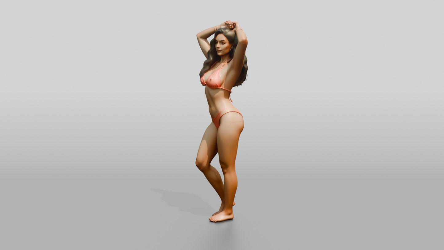 Woman in Coral Two-Piece Swimsuit Adjusting Her Hair