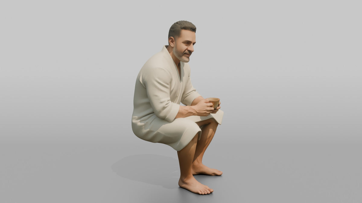 Spa Client Man Sitting Holding A Cup Of Herbal Tea With Both Hands - 3D character model, view 2