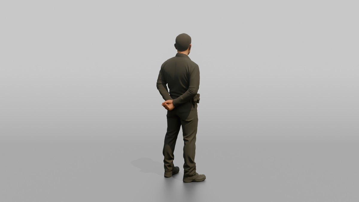 Door Staff Man Standing With Feet Apart, Arms Behind Back - 3D character model, view 3