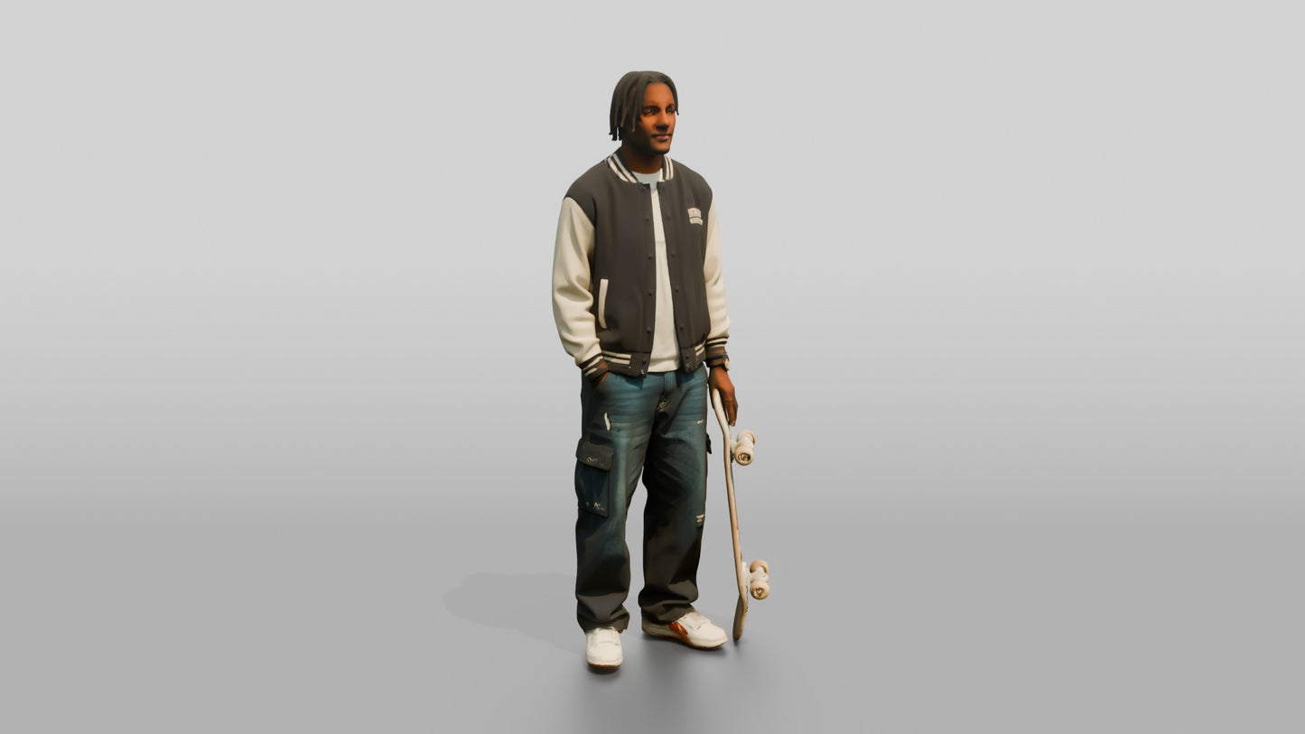 Skater Man in Varsity Jacket with Skateboard