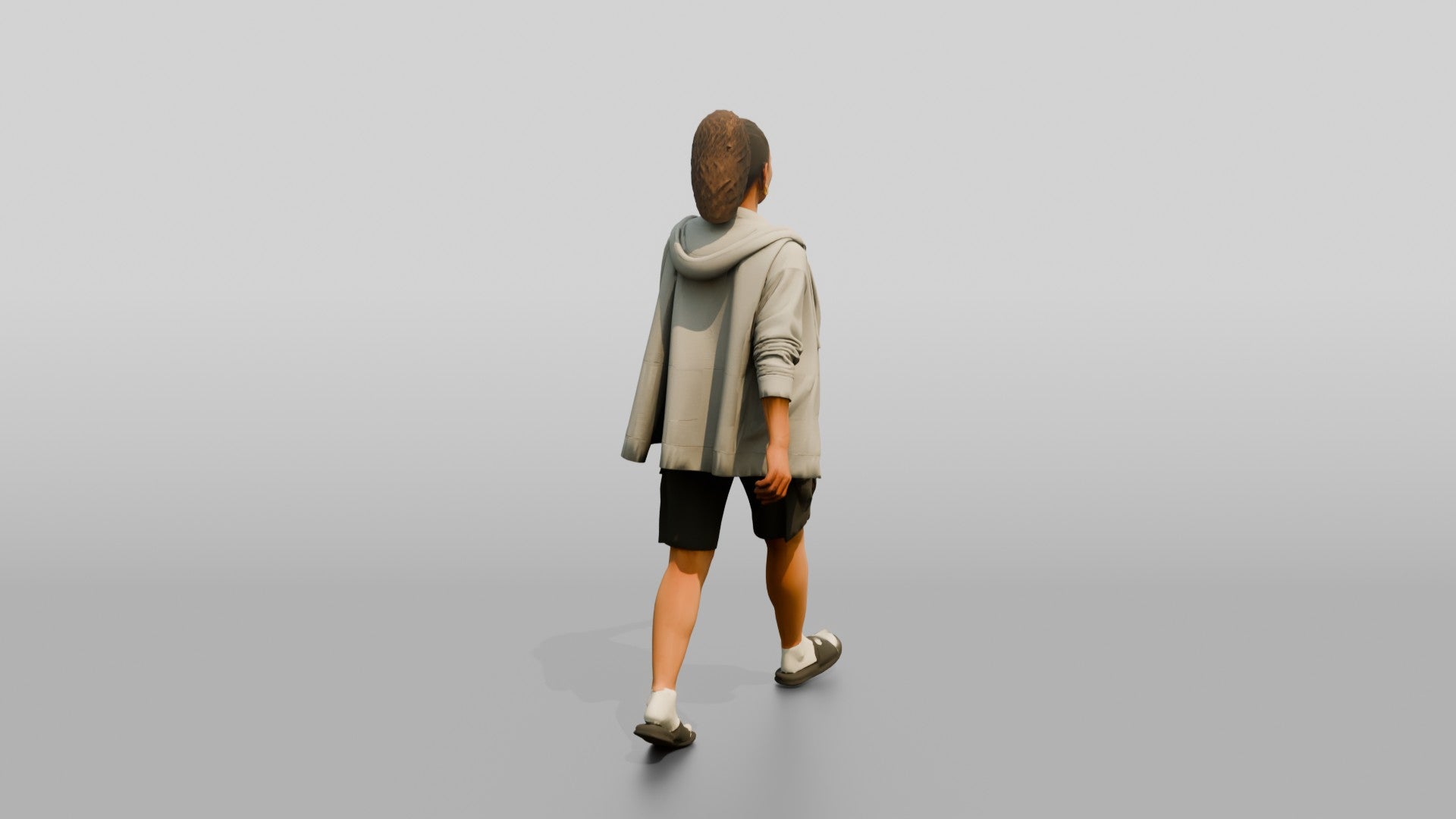 Multiracial Woman Walking the Boardwalk in Unzipped Hoodie