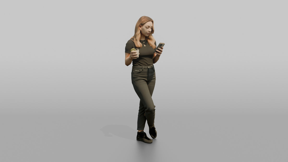 Patron Woman Standing Checking A Phone, Drink In The Other Hand - 3D character model