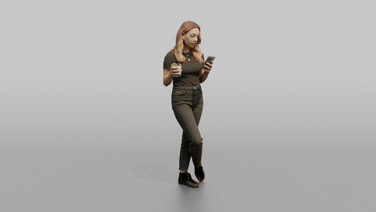 Patron Woman Standing Checking A Phone, Drink In The Other Hand - 3D character model