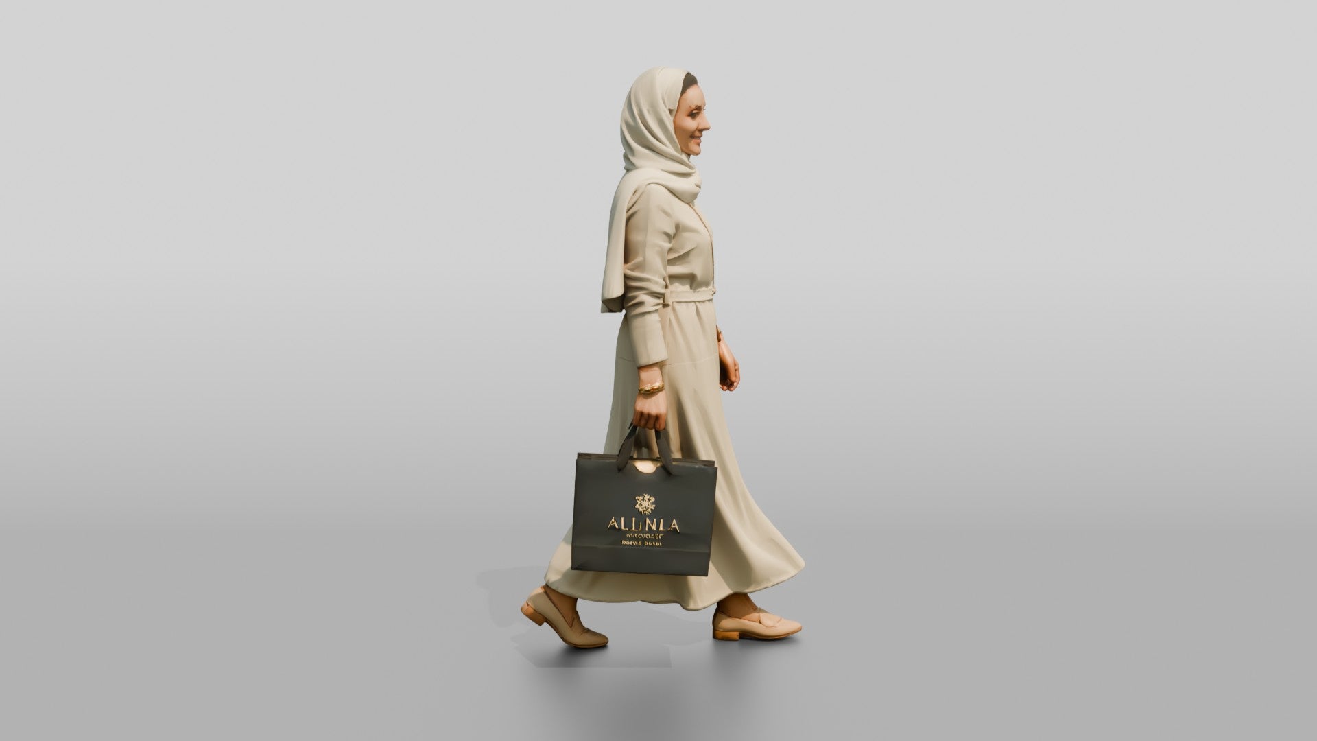 Slender Middle-Aged Saudi Woman in Hijab and Linen Dress