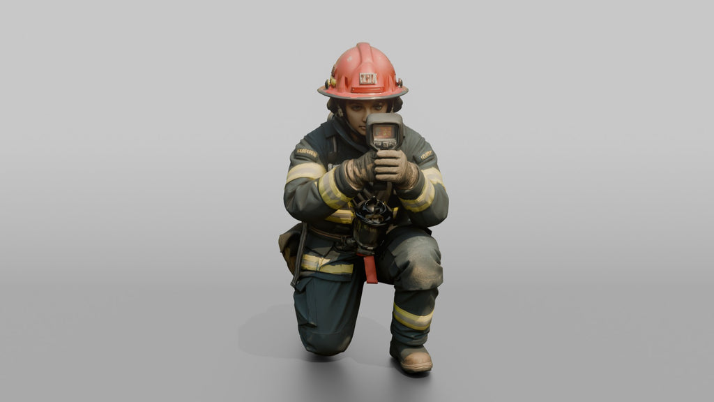 Firefighter Woman Crouching While Scanning Ahead with a Handheld Thermal Imaging Camera