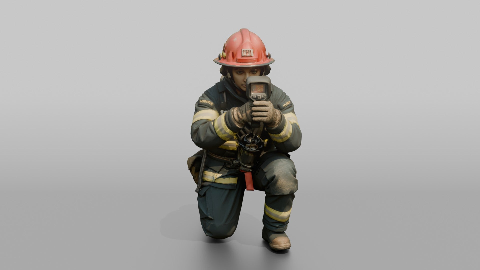 Firefighter Woman Crouching While Scanning Ahead with a Handheld Thermal Imaging Camera