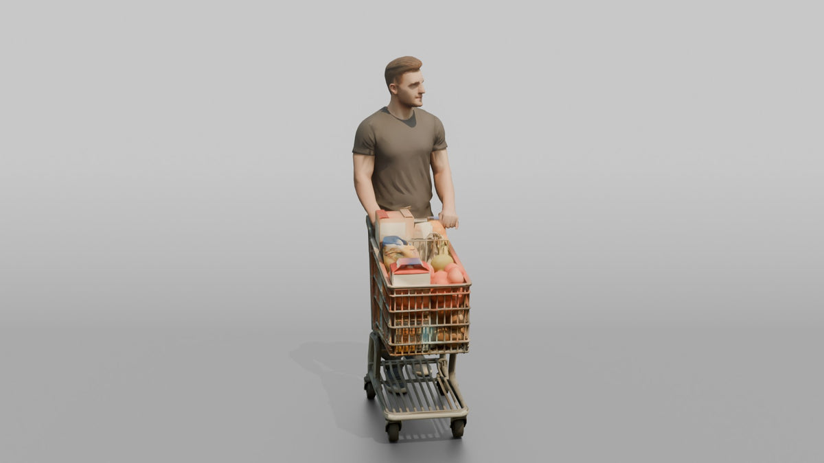 Man Customer Standing With A Shopping Cart Full Of Items - 3D character model, view 2