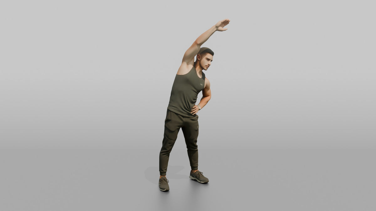 Fitness Influencer Man Doing A Standing Side Stretch, One Arm Overhead - 3D character model