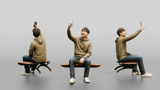Young Chinese Man Taking a Selfie on a Bench - 3D character model
