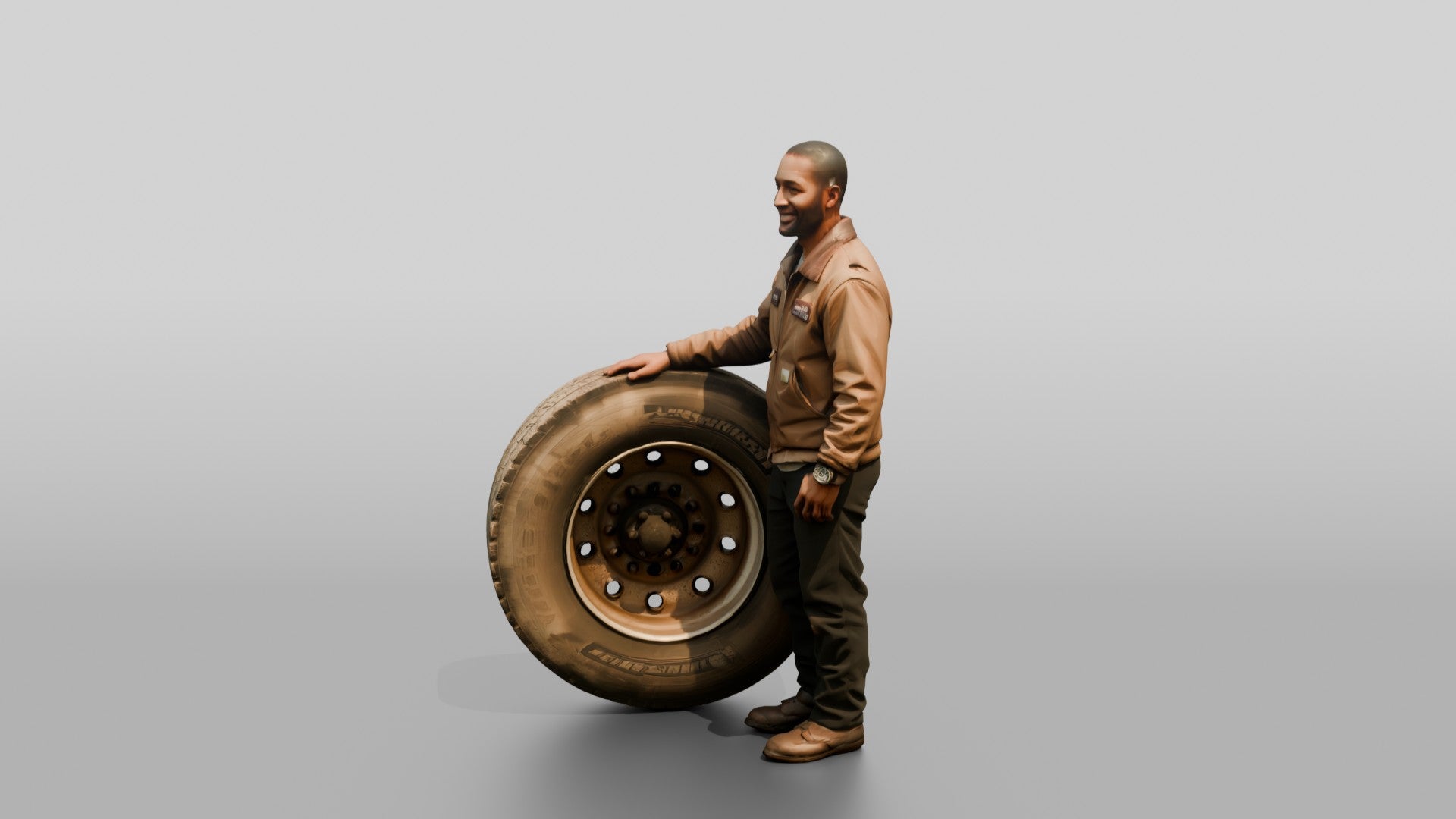Mechanic Resting Hand on a Truck Tire