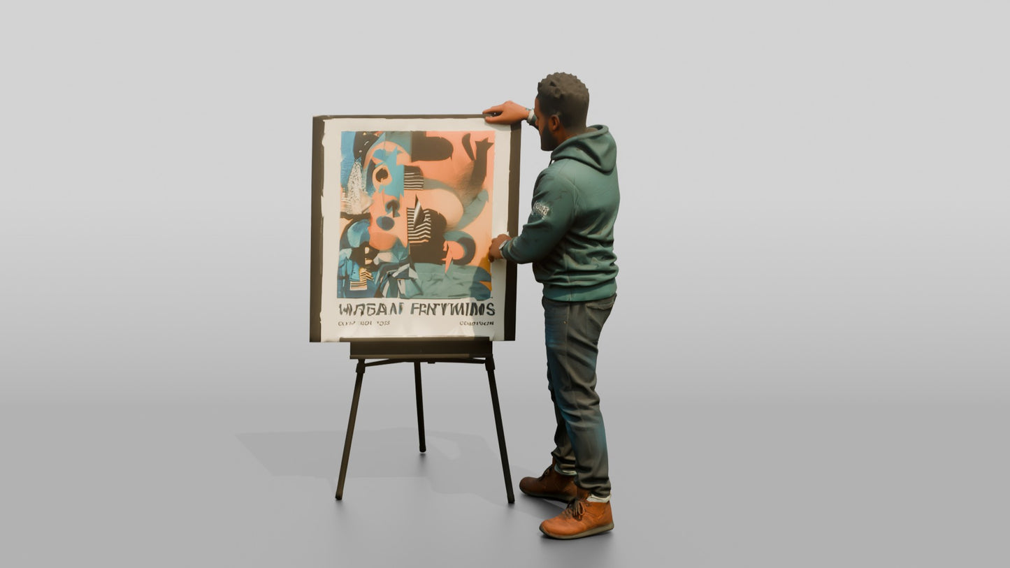 Man Presenting Artwork on an Easel