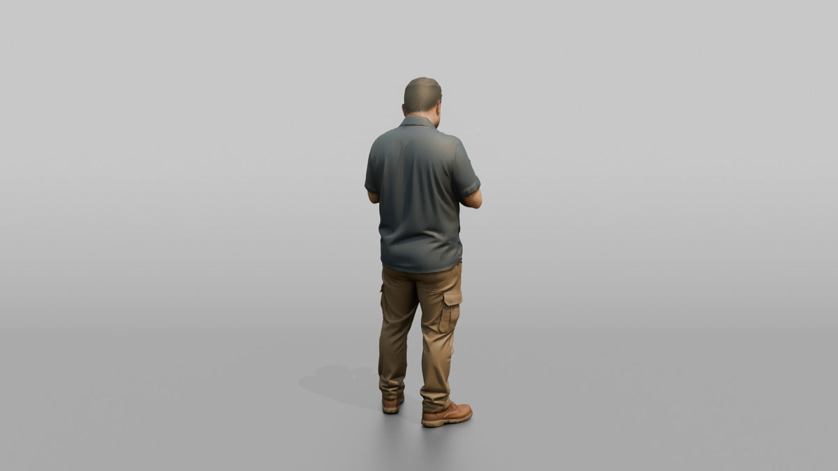Father Holding A Power Drill, Examining It - 3D character model, view 3