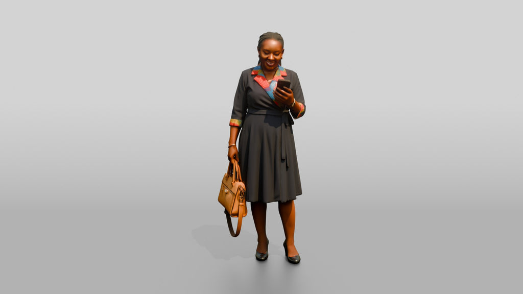 Woman in Wrap Dress with Colorful Print Trim Checking Her Phone