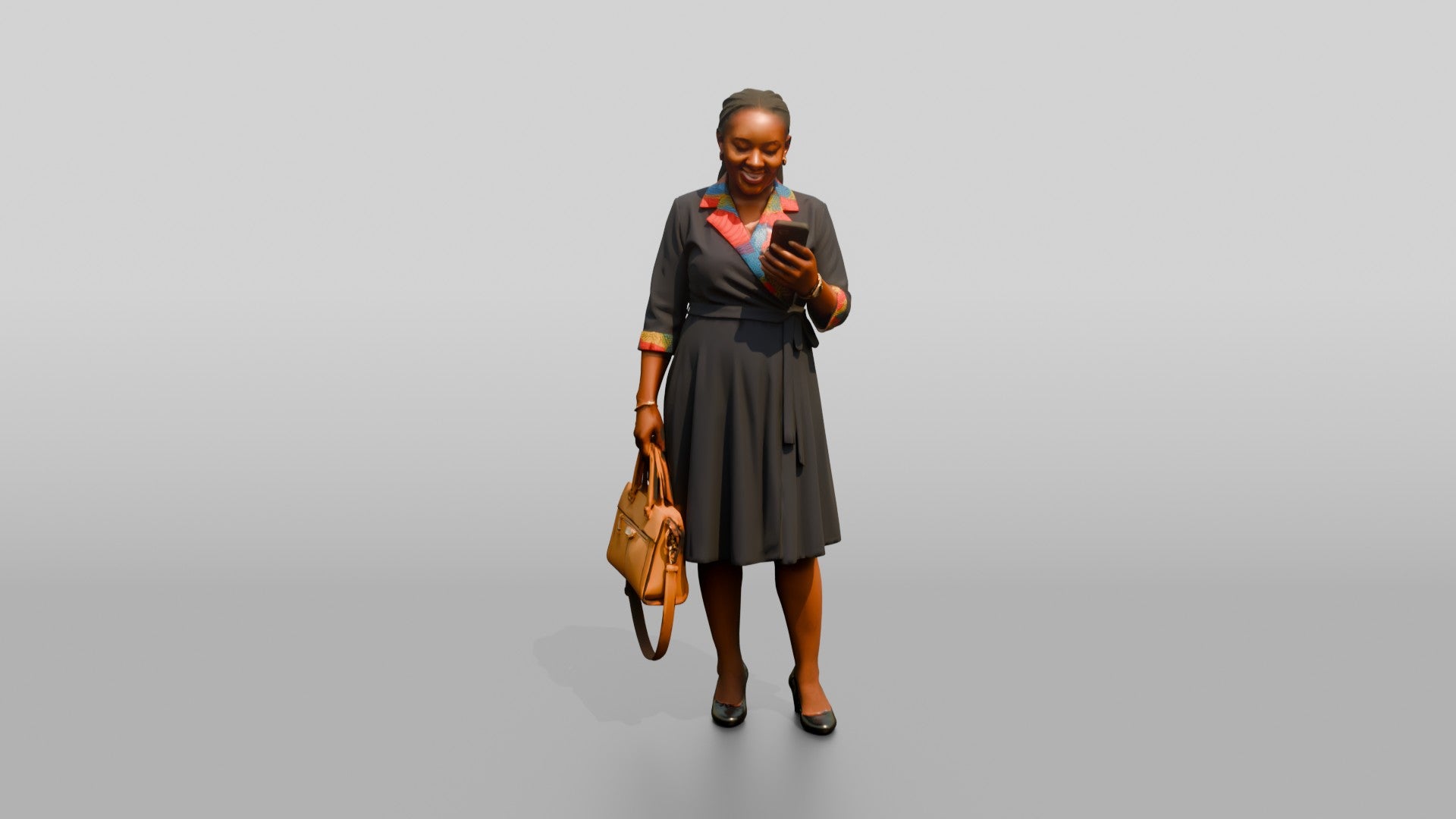 Woman in Wrap Dress with Colorful Print Trim Checking Her Phone