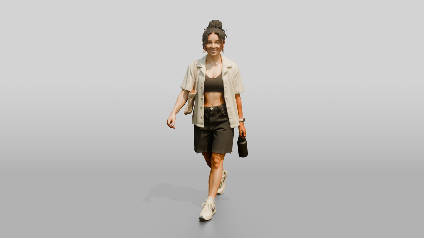 Multiracial Woman Walking the Boardwalk in Terry Cloth Shirt