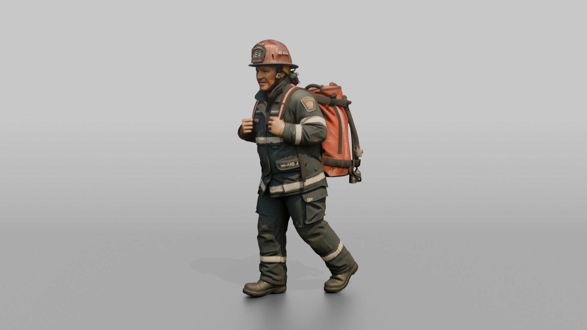 Firefighter Woman Carrying a Large Water Pump Bag