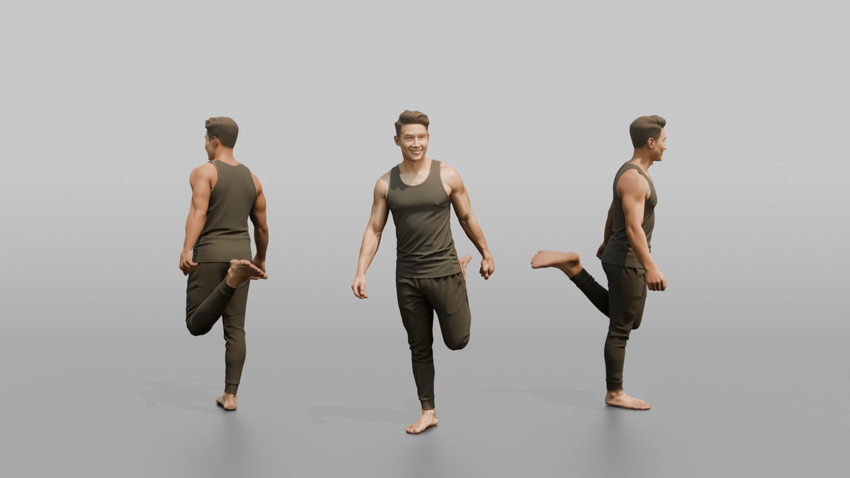 Fitness Influencer Man Doing A Standing Quad Stretch - 3D character model, view 1
